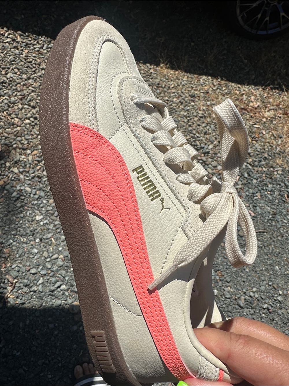 Puma Cream Sneaker with Coral Formstripe and Brown Sole